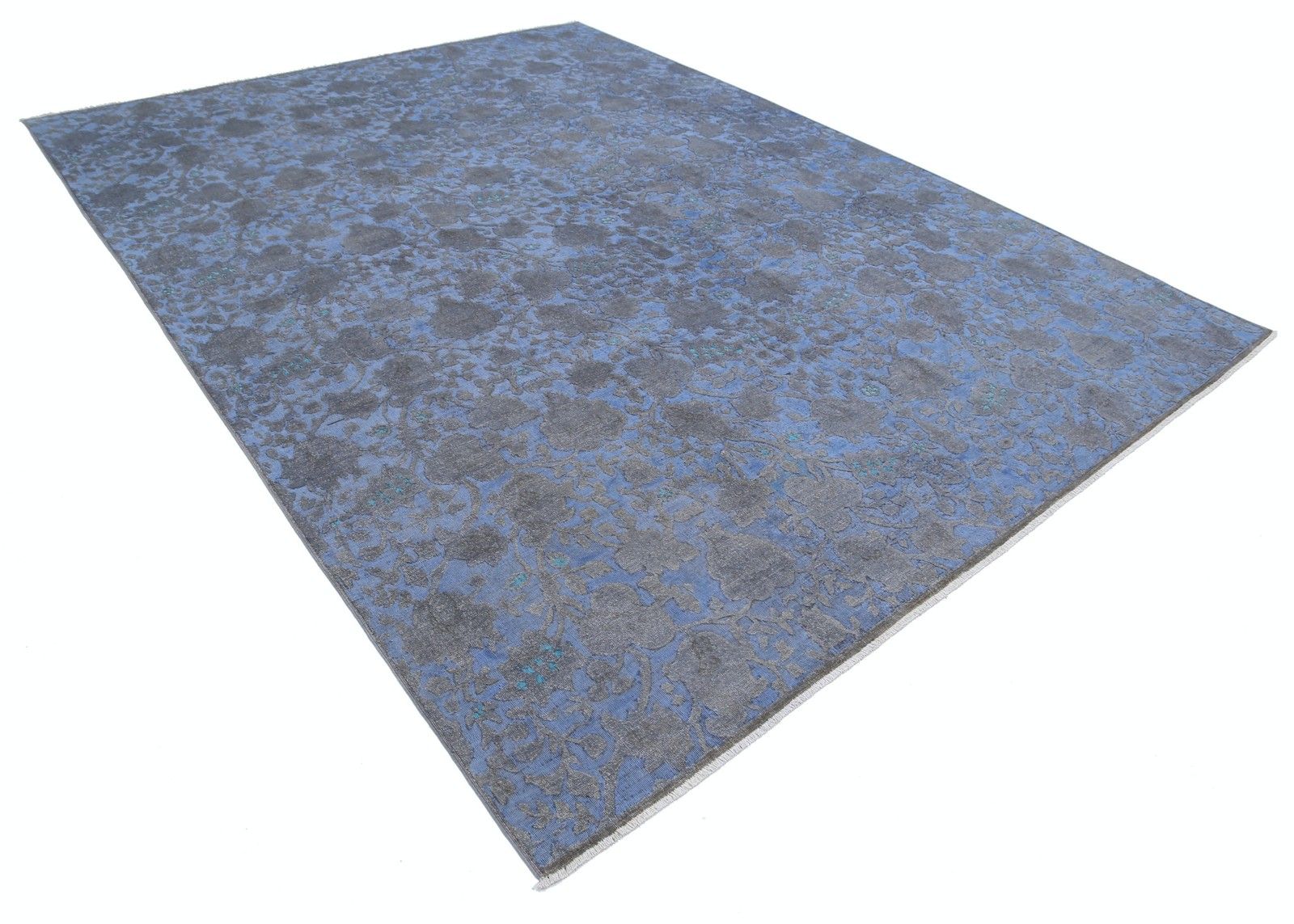 Tapis noué à la main bleu et gris, 2,62 x 3,41 m, motif floral botanique photo furniture