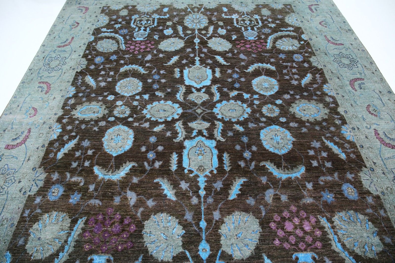 8.7x11.8 Ft Handmade Gray, Light Blue & Lavender Rug. Floral Vase Design Carpet photo 5080.0