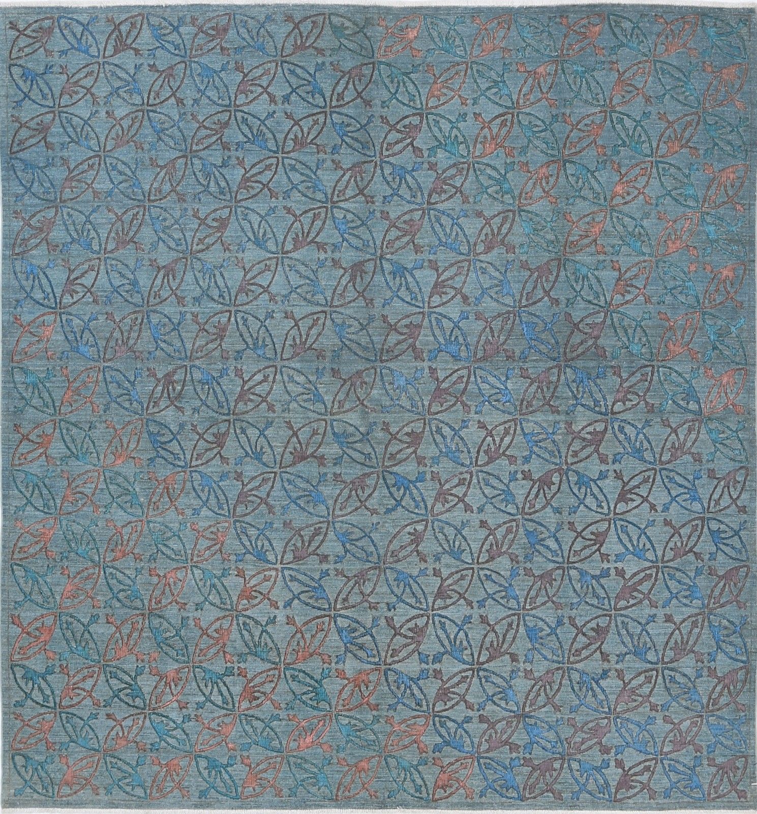 Tapis carré turc noué à la main, 214 x 227 cm, bleu, pour la décoration intérieure. 100 % laine
