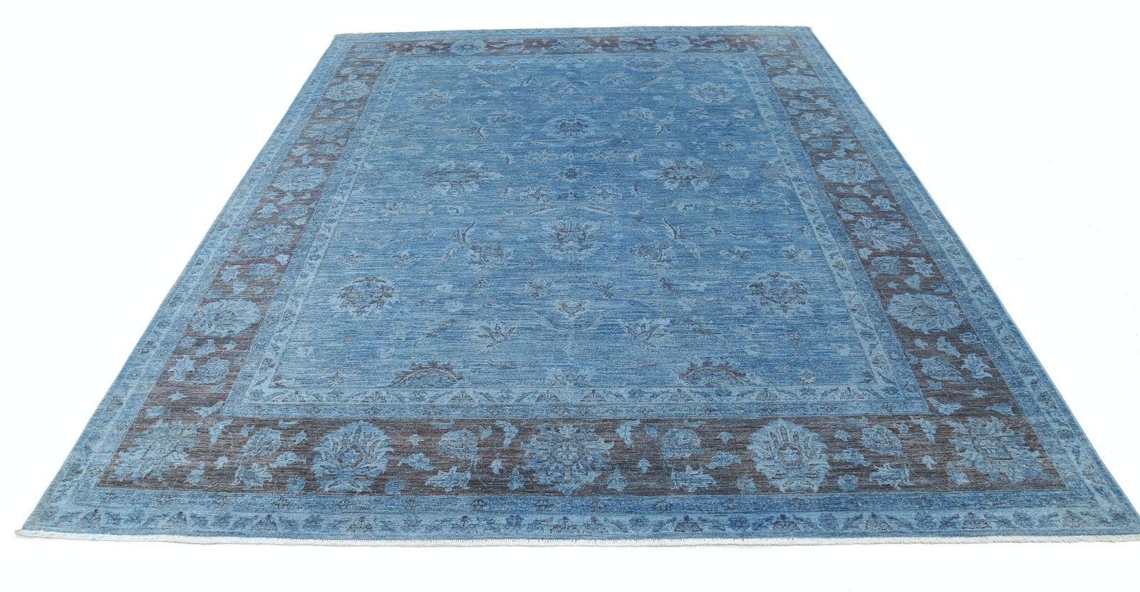 8,2 x 10,2 ft Handgeknoopt Blauw Oushak Groot Vloerkleed met Allover Bloemmotief photo Textiel
