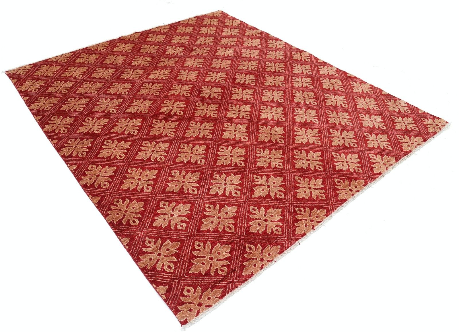 6.8x8 Ft Hand Knotted Red And Beige Area Rug. Repeating Geometric Design Carpet photo furniture
