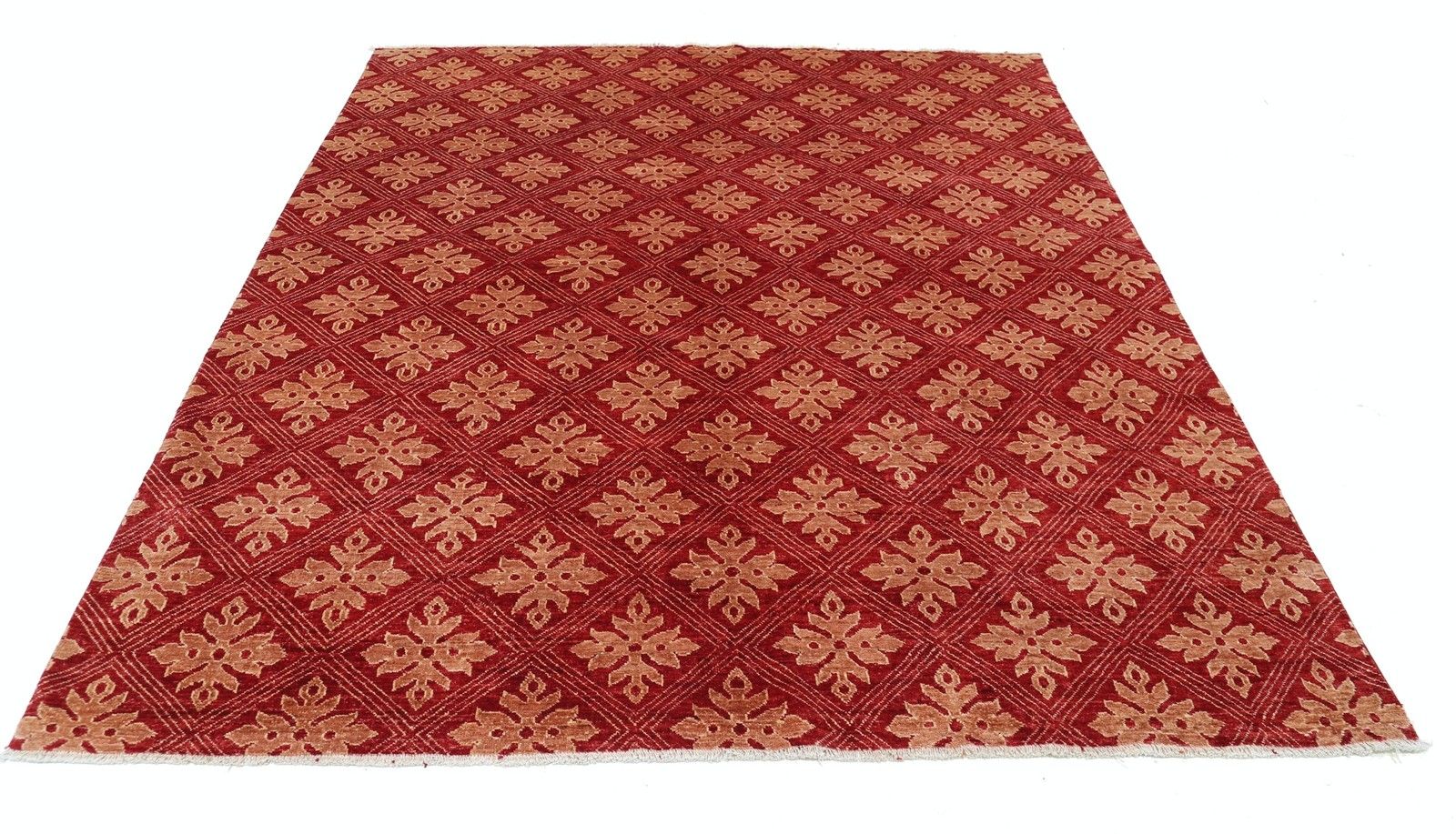 6.8x8 Ft Hand Knotted Red And Beige Area Rug. Repeating Geometric Design Carpet photo Textiles