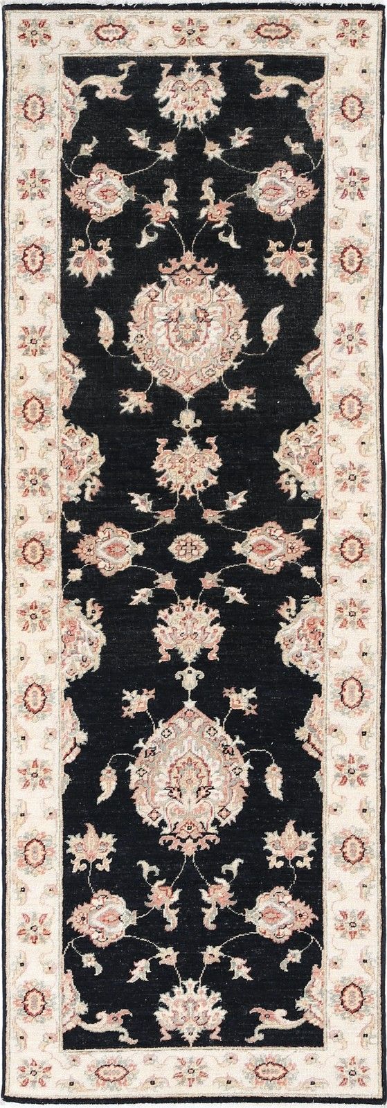 2,6 x 8,2 ft handgeknoopt loper, zwart en beige. Bloemmotief loper voor hal en gang