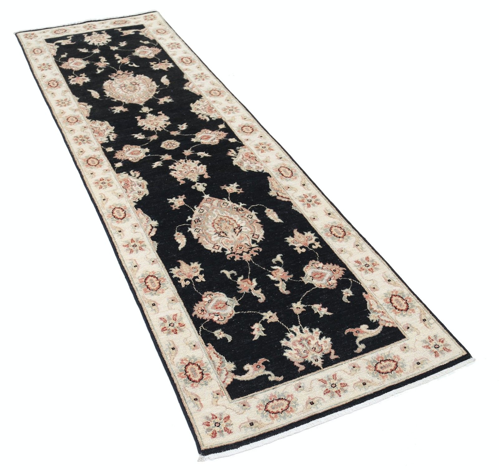 2,6 x 8,2 ft handgeknoopt loper, zwart en beige. Bloemmotief loper voor hal en gang photo furniture