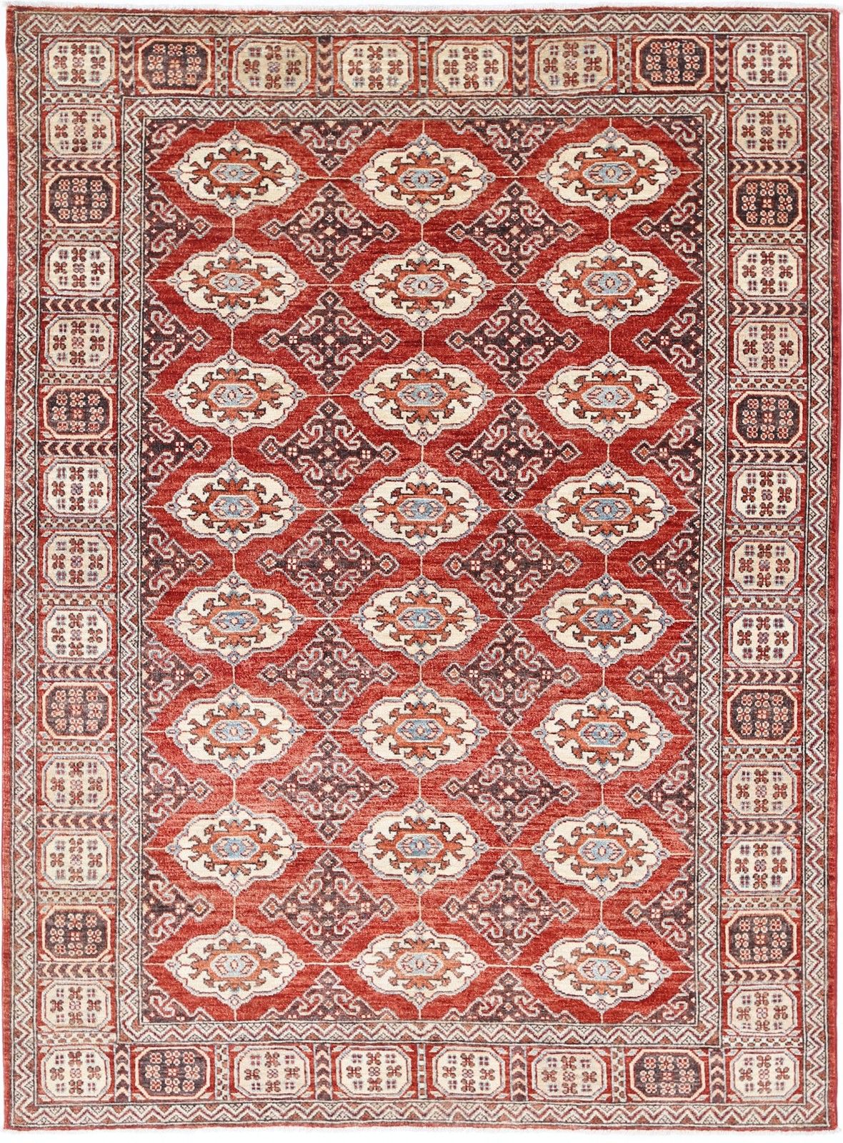 Handgeknoopt vloerkleed in rood, ivoor en marineblauw met geometrisch patroon, 5,7 x 8 ft