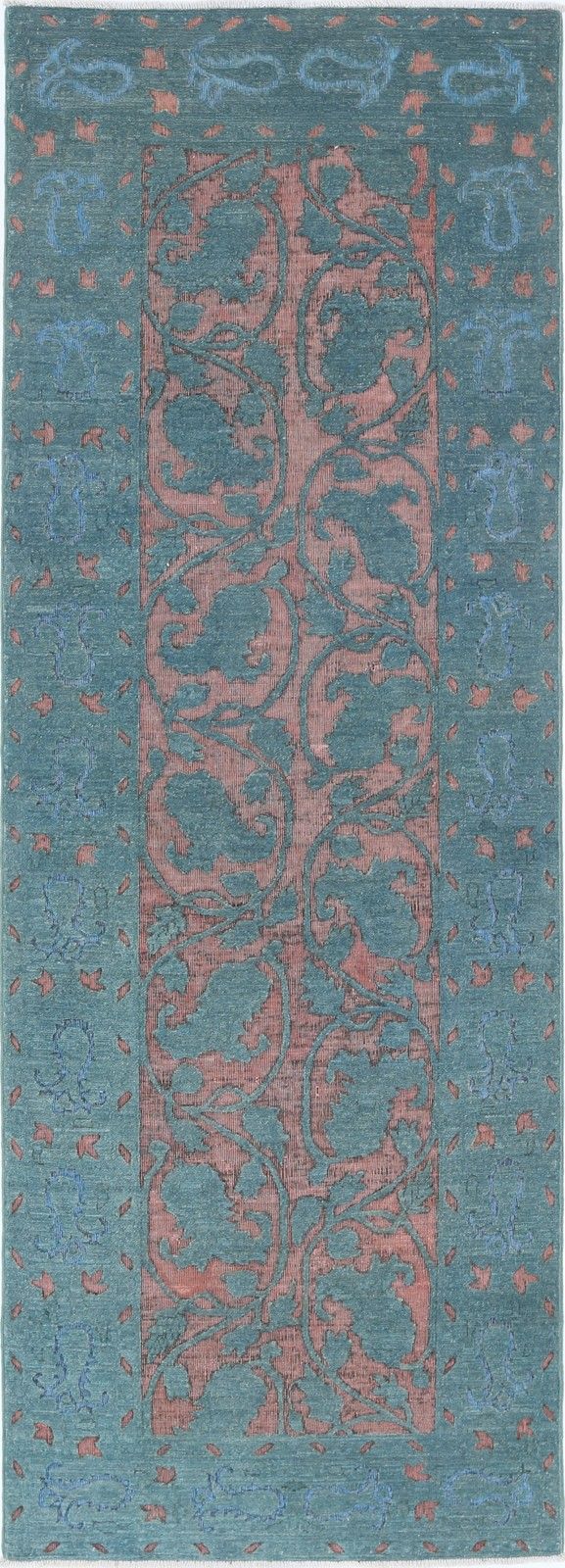 Tapis de couloir en laine noué à la main, bleu sarcelle et rose poudré, 0,82 x 2,52 m - motif floral