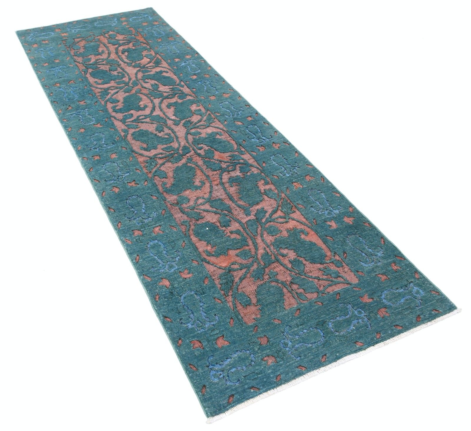 2.7x8.3 Ft Hand Knotted Teal Blue, Blush Wool Runner Rug. Floral Corridor Rug photo furniture