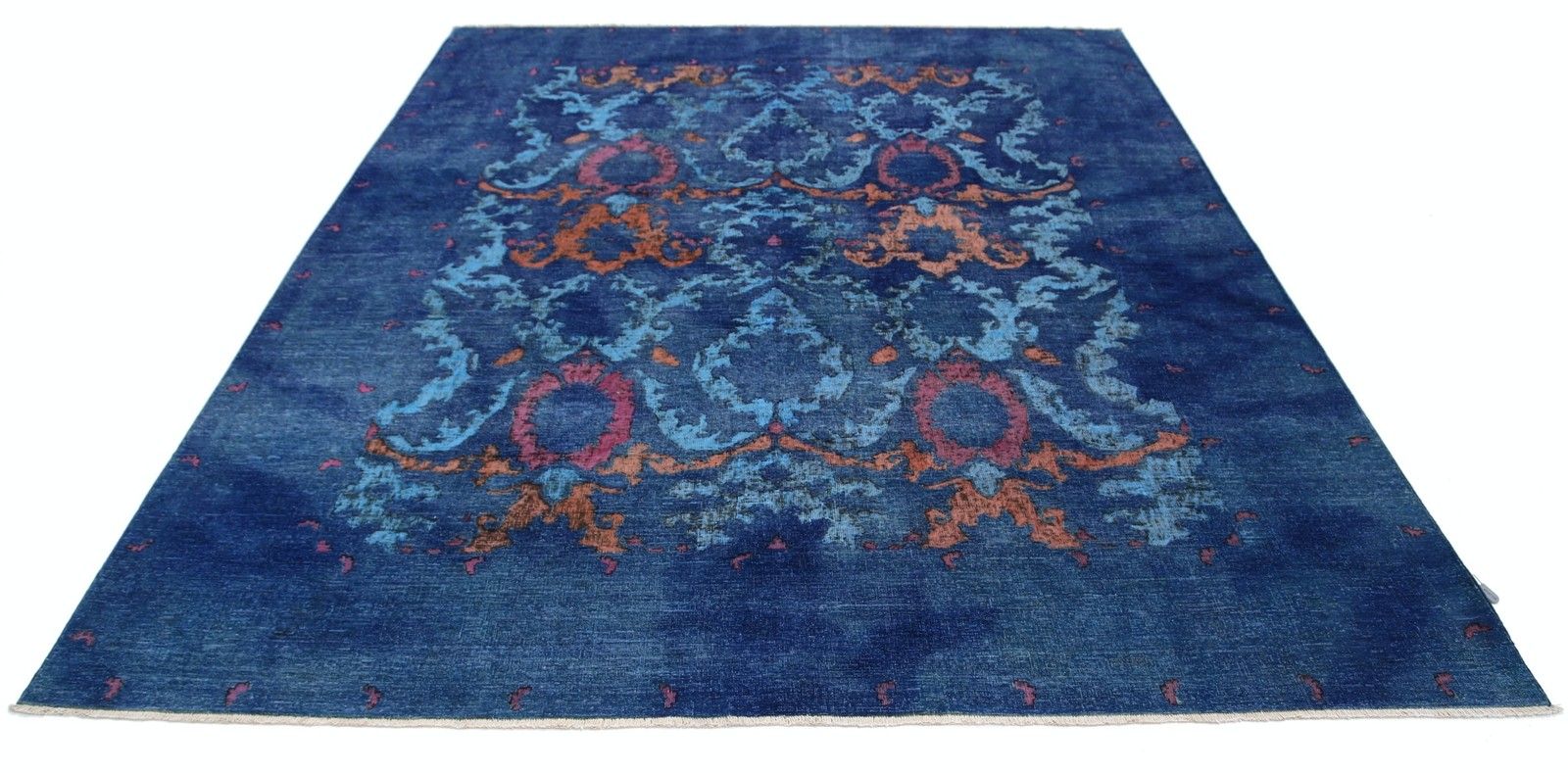 Tapis artisanal bleu marine, turquoise et rouille, 8 x 9,4 pi, motif floral Damask photo Textiles