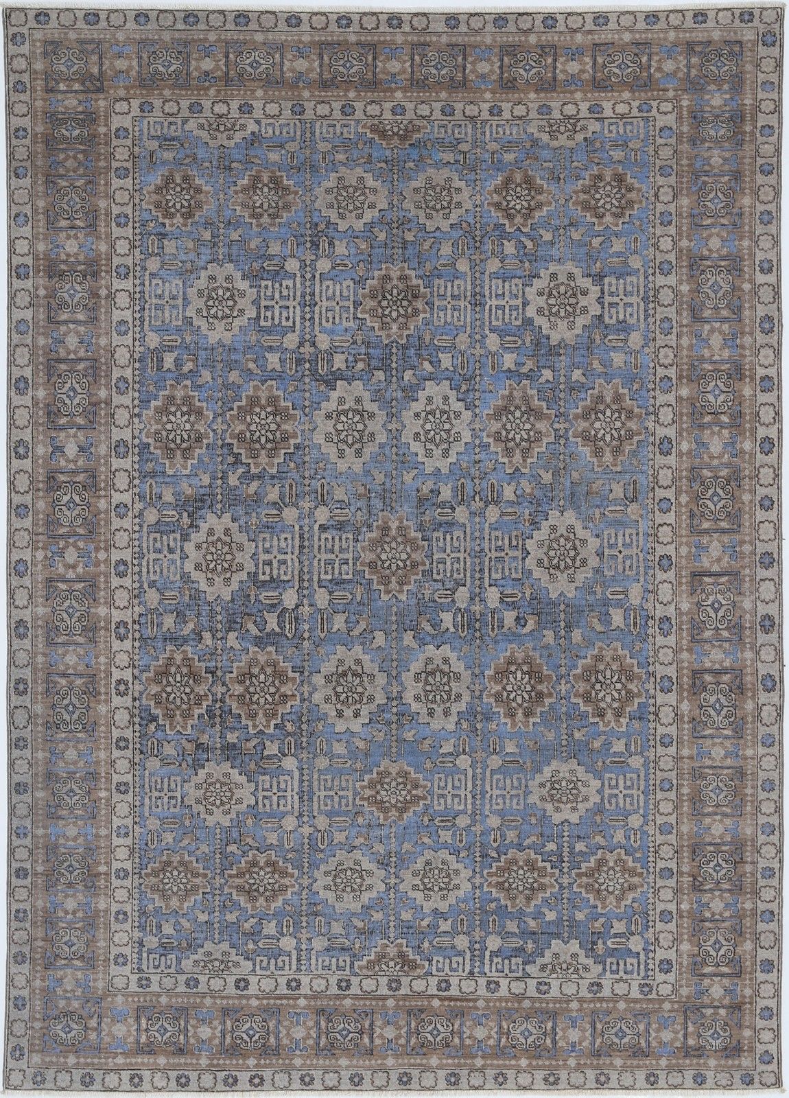 6x8.6 Ft Hand Knotted Light Blue, Taupe & Ivory Rug With Geometric Floral Design