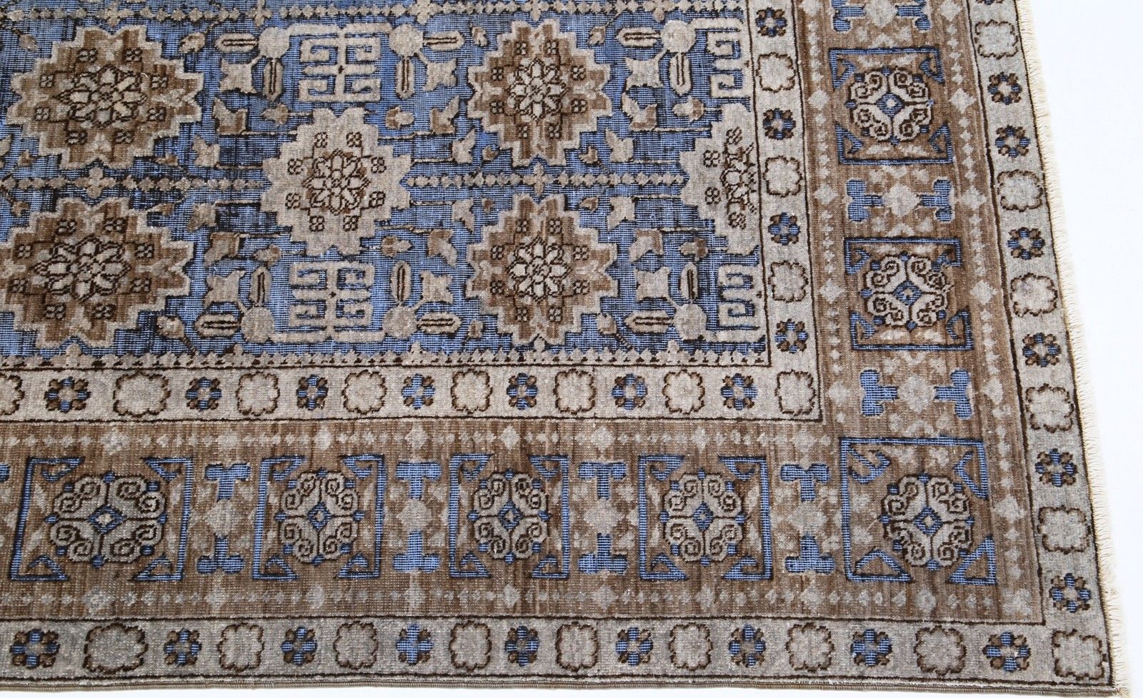 6x8.6 Ft Hand Knotted Light Blue, Taupe & Ivory Rug With Geometric Floral Design photo vinterior