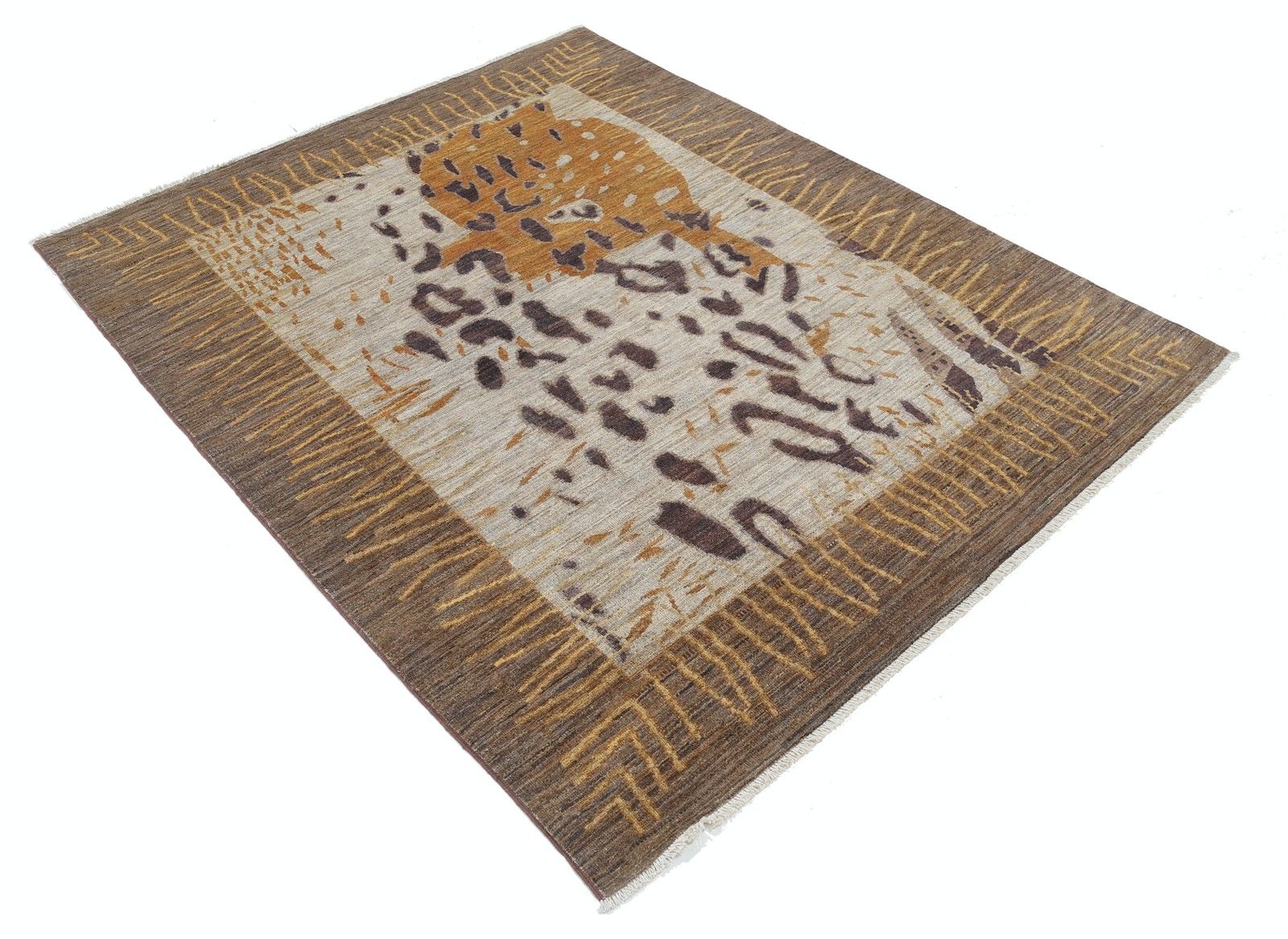 5x6.3 Ft Hand Knotted Brown, Beige And Mustard Area Rug. Abstract Design Carpet photo furniture