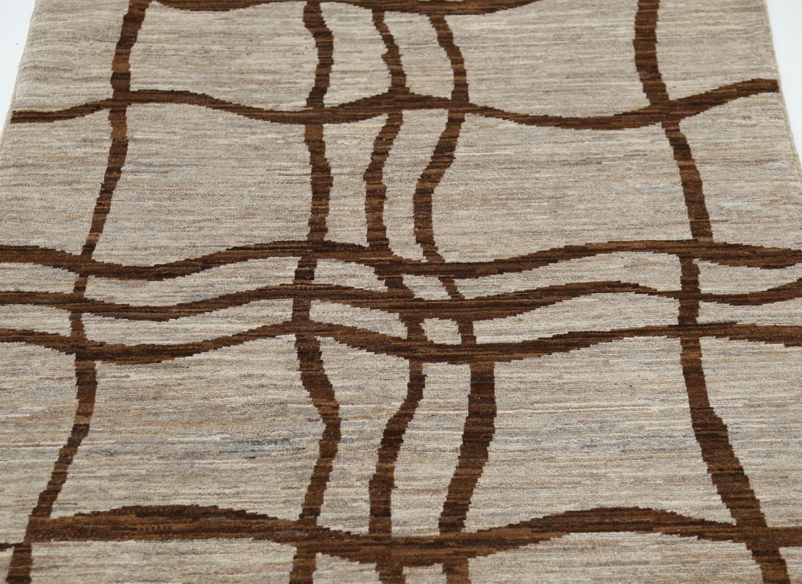 Tapis en laine noué à la main, ivoire et marron, motif linéaire abstrait - 1 x 1,46 m photo 615.0