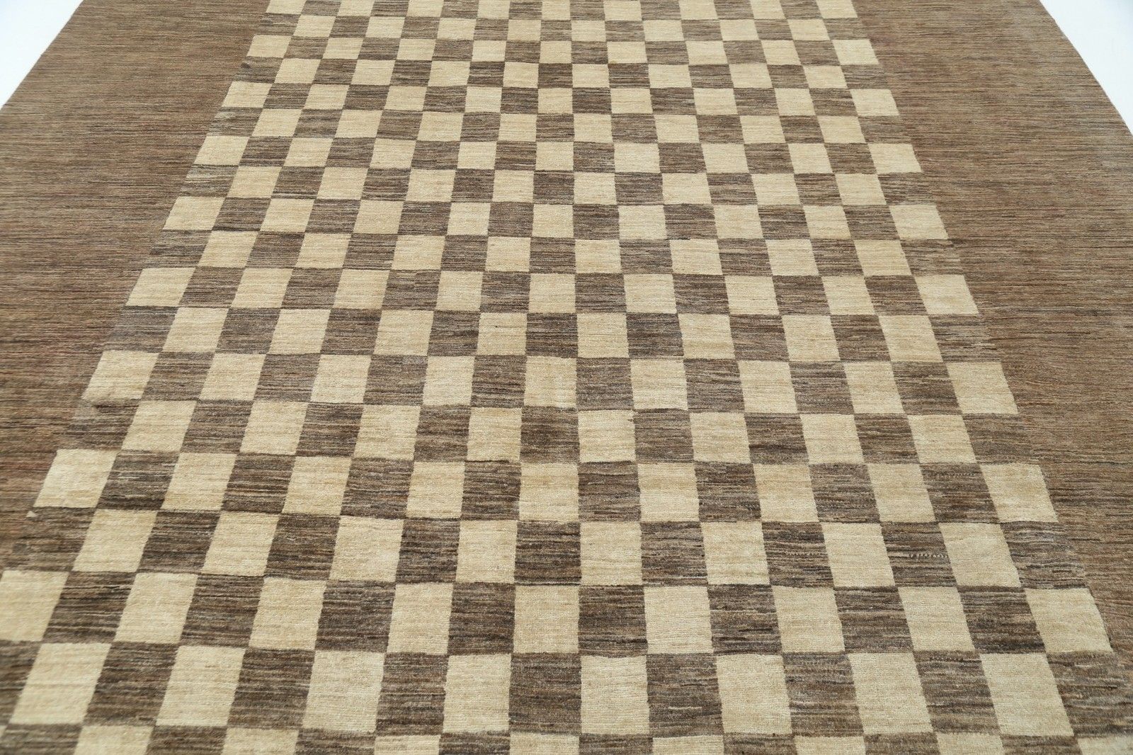 9x11.7 Ft Handmade Brown And Ivory Area Rug. Checkered Geometric Design Carpet photo 4103.0
