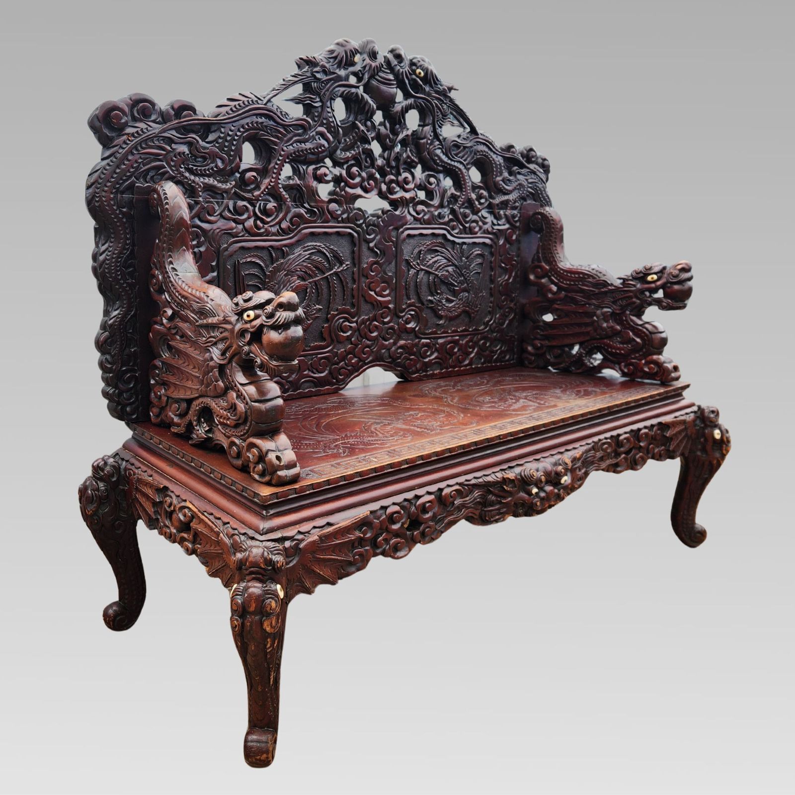 Exceptional Chinese Dragon Oriental Hall Bench Or Settle, Rosewood C1900 photo for sale
