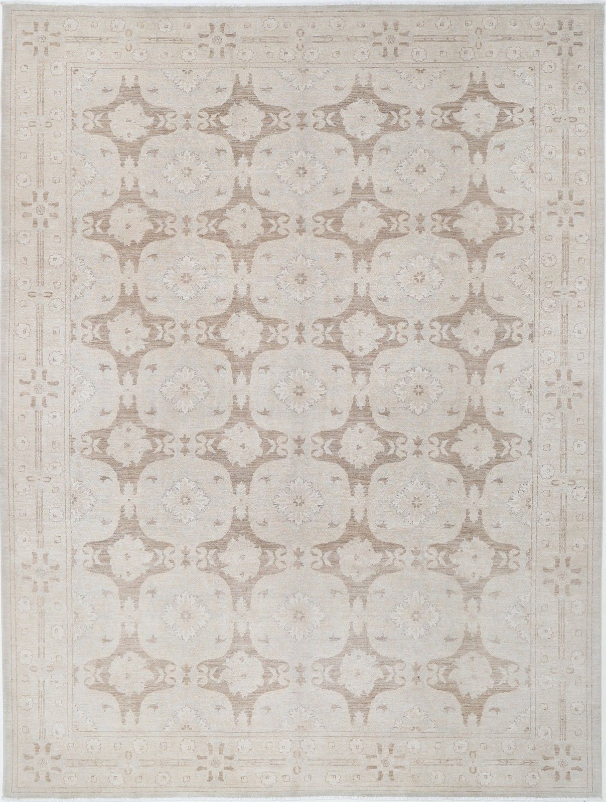 9x12 Ft Handmade Beige And Taupe Rug. Repeating Floral Medallion Design Carpet