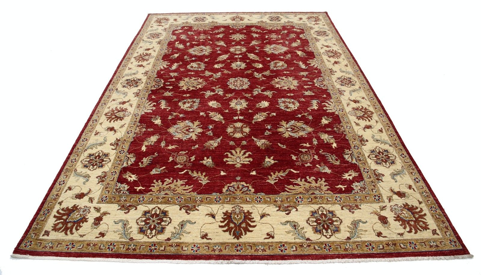 6.7x9.7 Ft Hand Knotted Floral Area Rug With Red Field And Beige Border photo Textiles