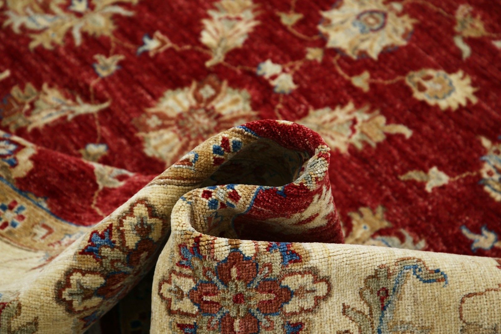 6,7 x 9,7 ft Handgeknoopt Bloemen Vloerkleed met Rood Fond en Beige Rand photo vinterior
