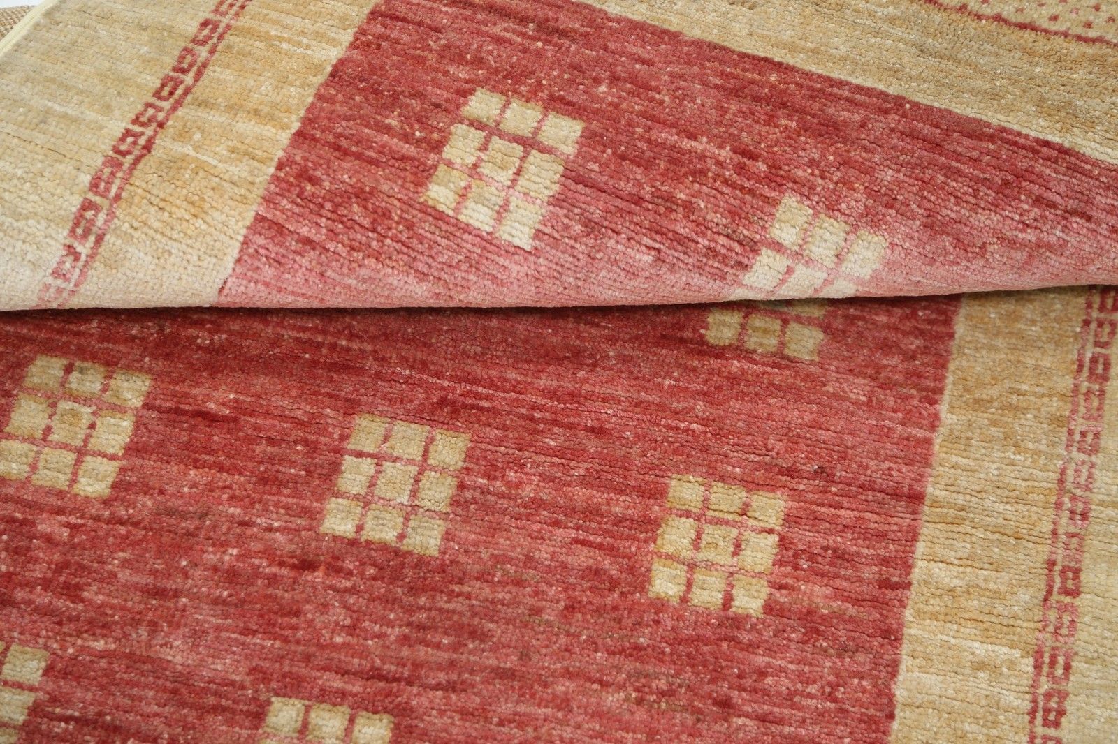 3x5.3 Ft Hand Knotted Gold And Red Wool Area Rug. Geometric Pattern Accent Rug photo vinterior