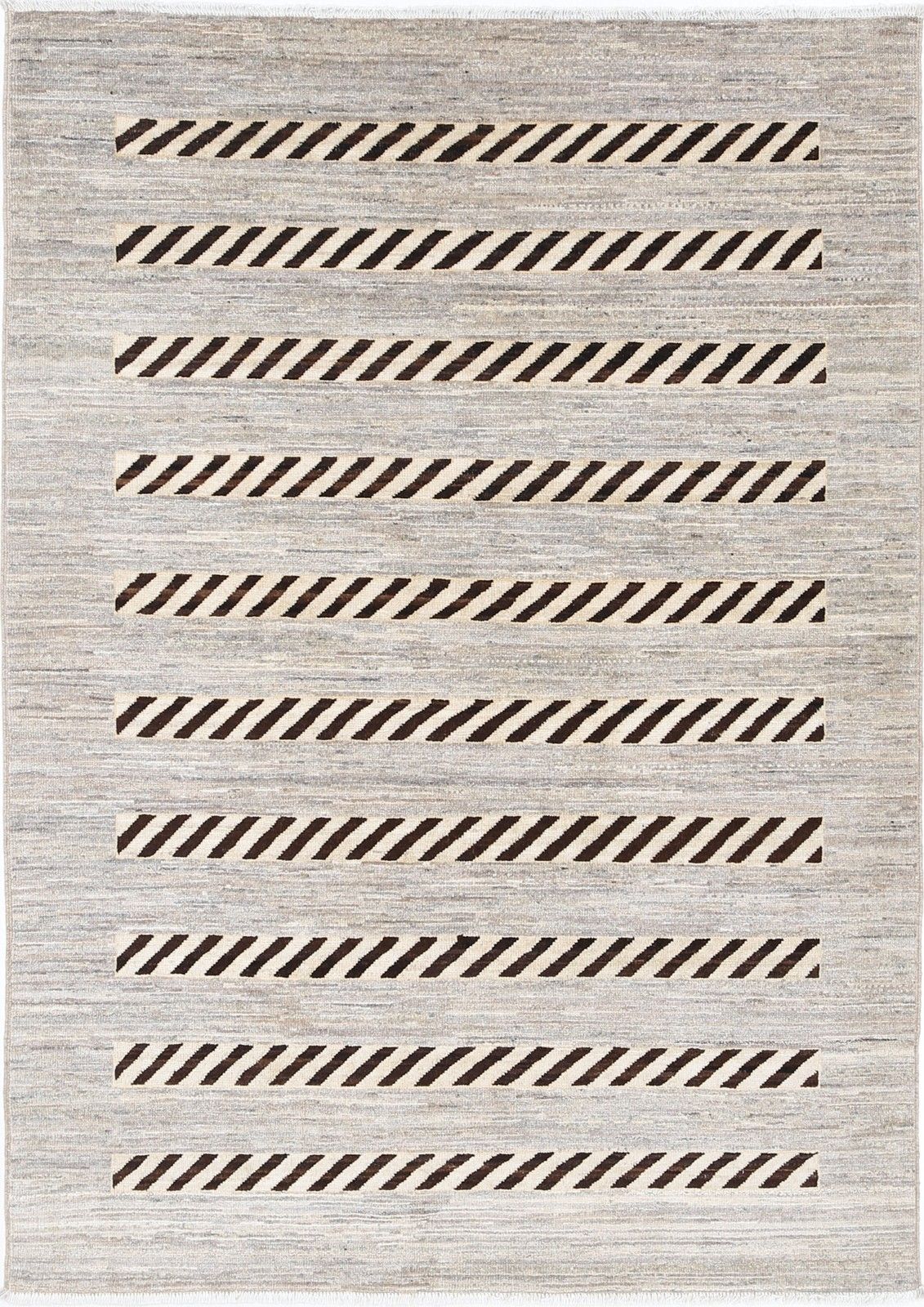 4x5.8 Ft Handknotted Ivory And Brown Wool Area Rug. Striped Geometric Accent Rug