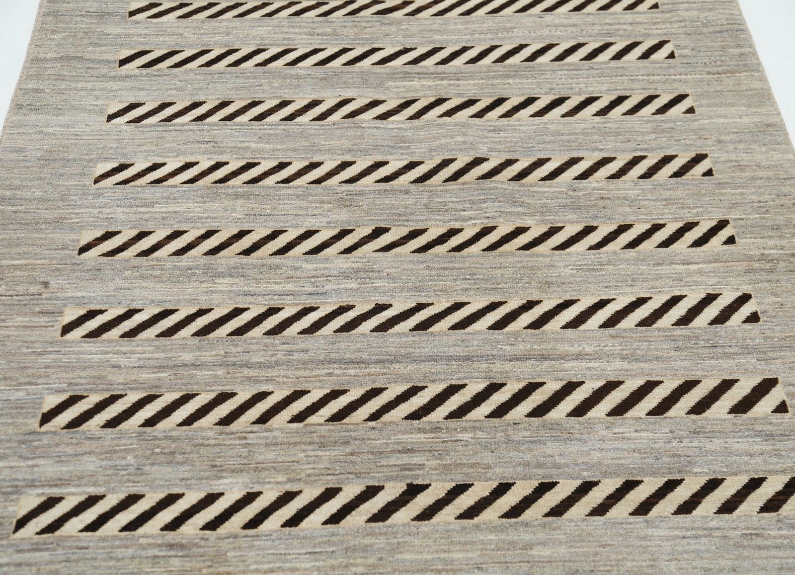 4x5.8 Ft Handknotted Ivory And Brown Wool Area Rug. Striped Geometric Accent Rug photo 908.0
