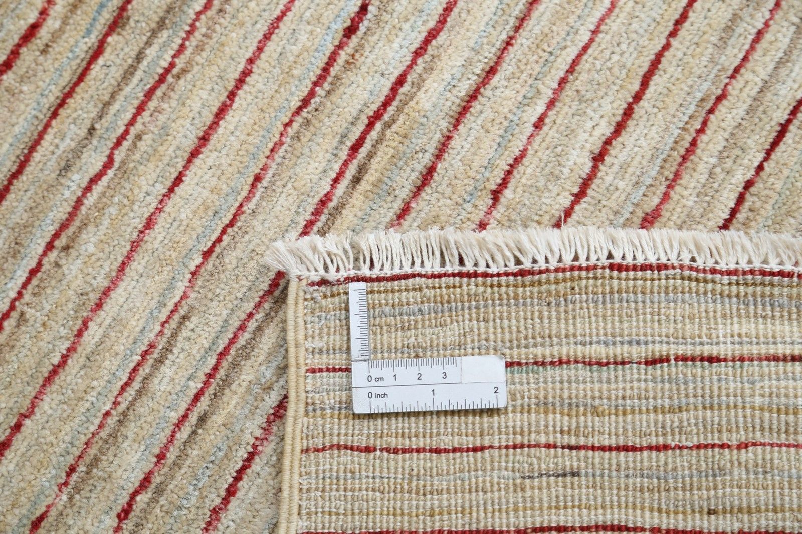 Tapis d'appoint noué à la main, ivoire, beige et rouge, 97 x 145 cm, motif rayé photo buy