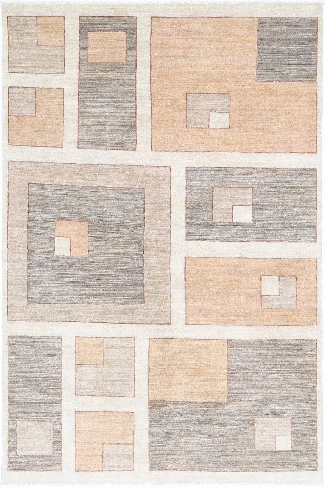 Tapis en laine noué à la main, beige et gris, motif géométrique abstrait - 1 x 1,35 m
