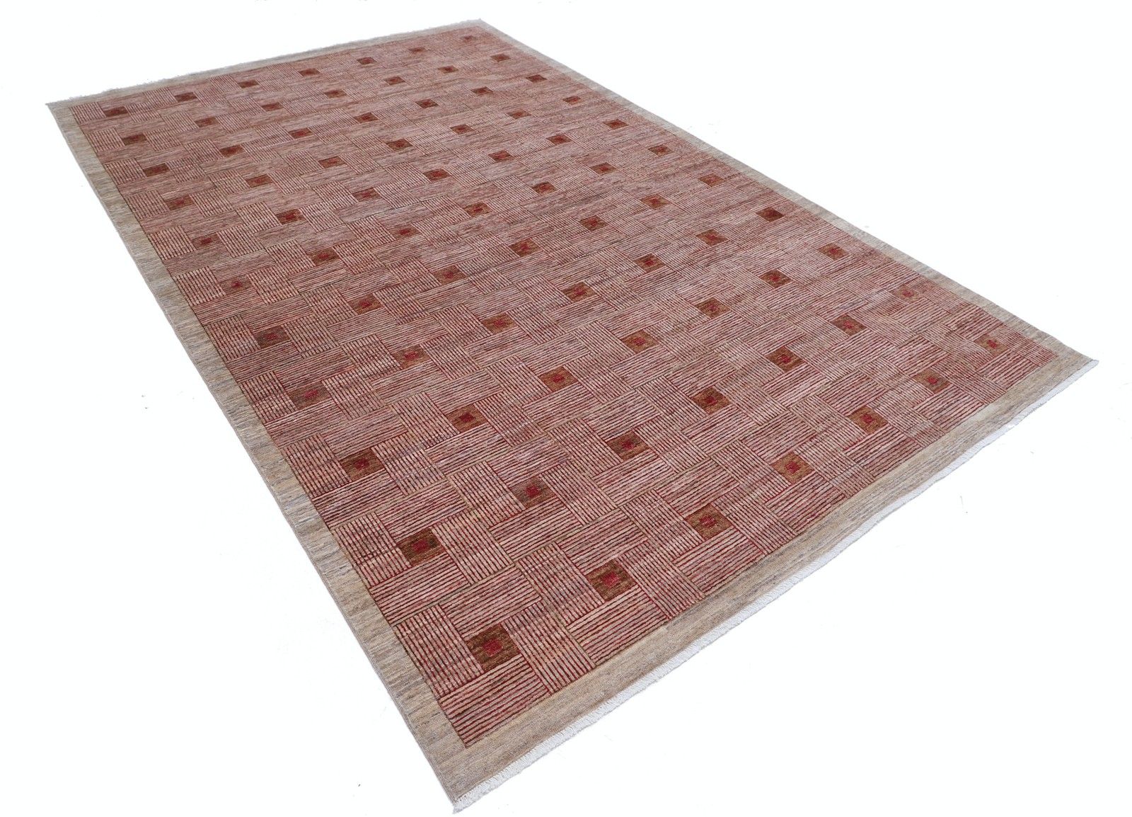 6.5x10 Ft Handknotted Beige And Red Wool Area Rug. Woven Geometric Design Carpet photo furniture