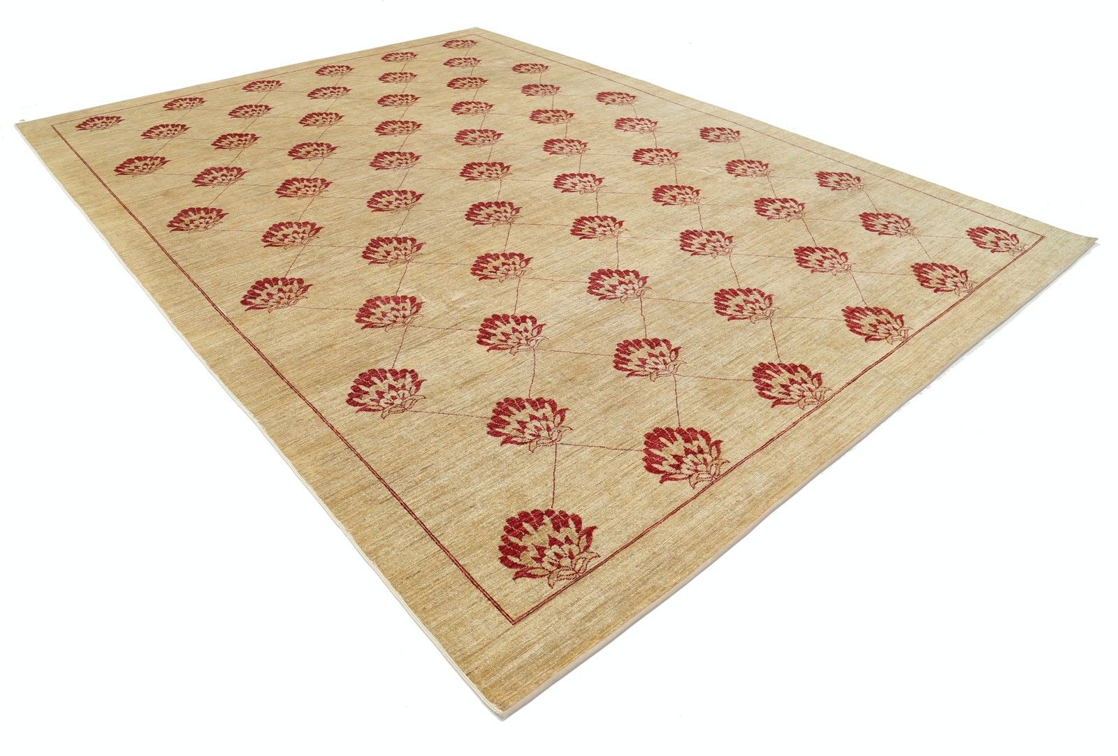 Tapis en laine beige et rouge, fait main, 2,93 x 3,97 m. Tapis à motif floral répété photo furniture