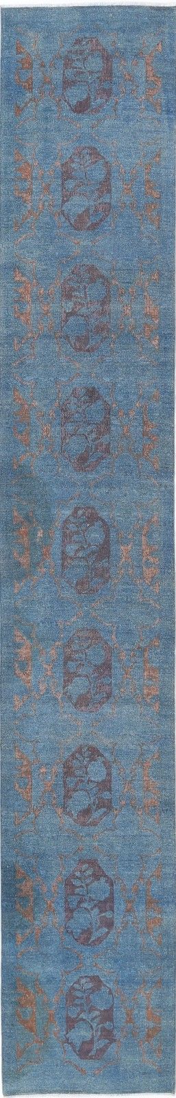 3.2x19.6 Ft Handmade Blue, Brown Long Runner Rug. Floral Hallway Rug. 100% Wool