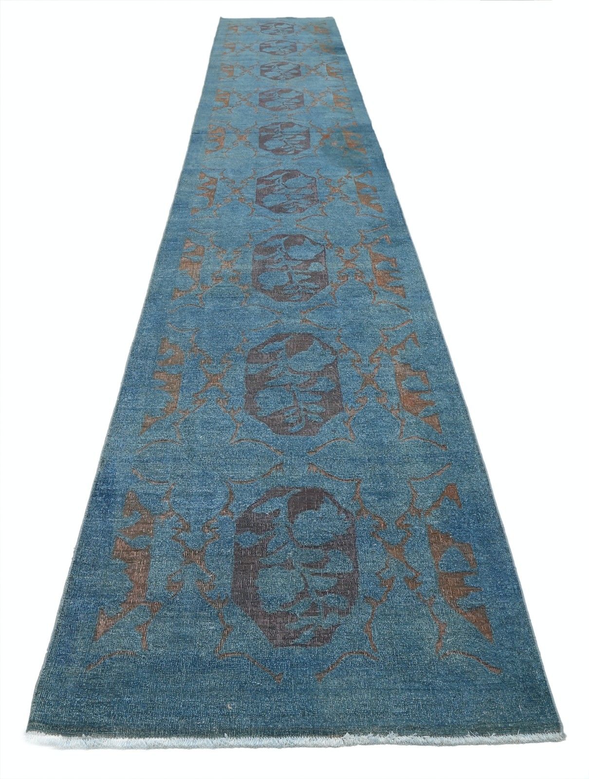 3.2x19.6 Ft Handmade Blue, Brown Long Runner Rug. Floral Hallway Rug. 100% Wool photo furniture