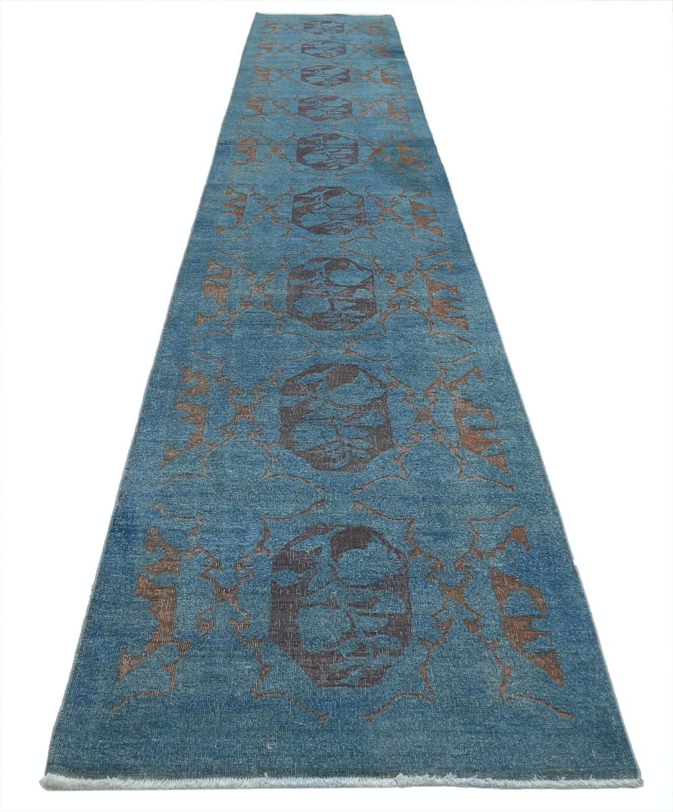 3,2 x 19,6 ft handgeknoopt blauw, bruin lang loperkleed. Bloemen gangloper. 100% wol photo for sale