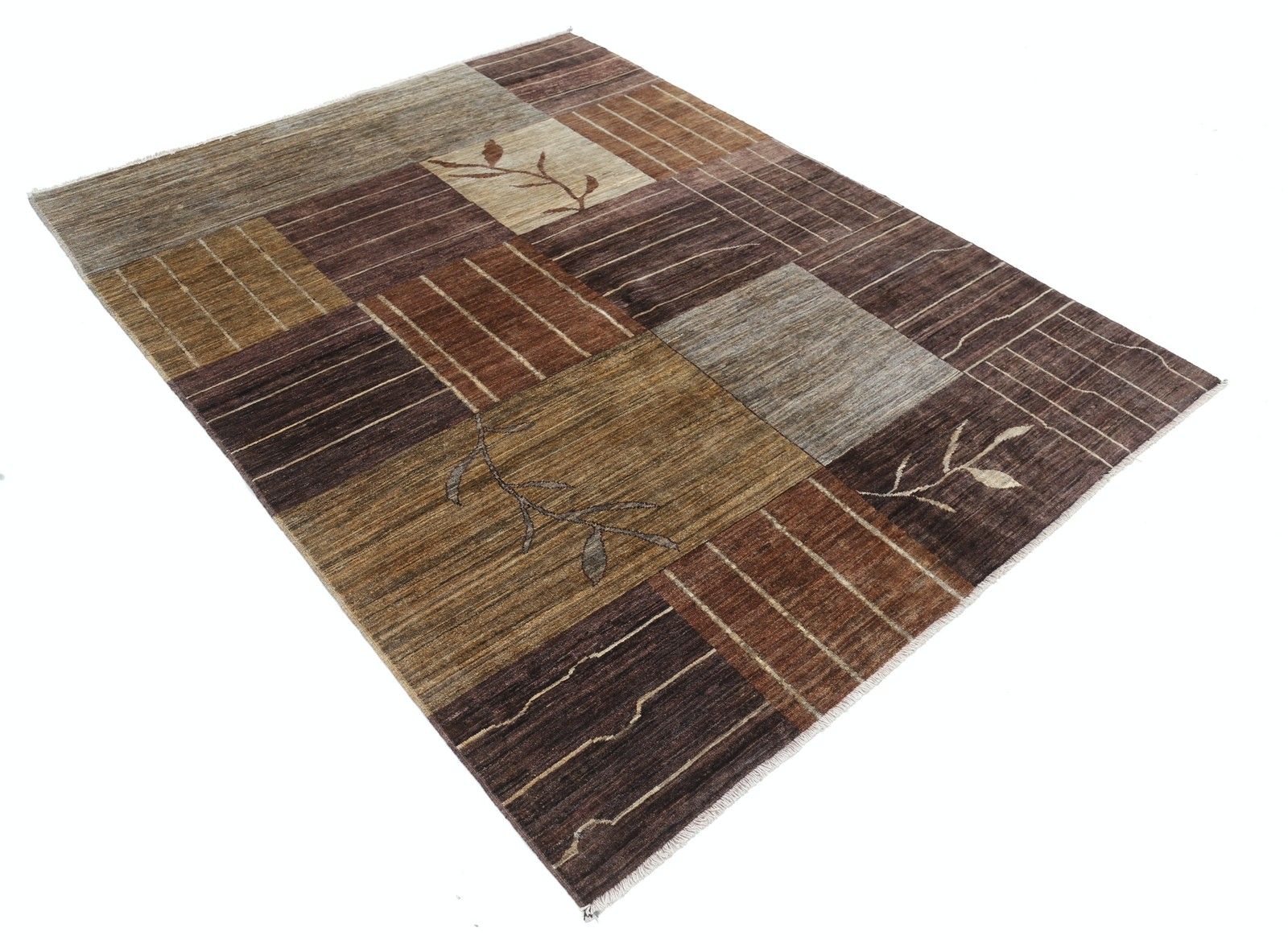 Tapis artisanal 5,7 x 7,5 ft, marron, beige et gris, motif botanique géométrique abstrait photo furniture