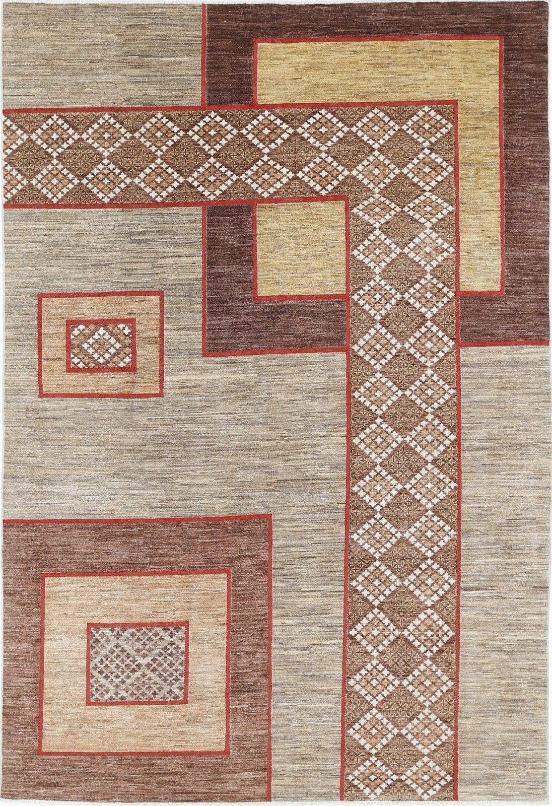 6.5x9.4 Ft Handmade Beige, Brown And Red Area Rug With Abstract Geometric Design