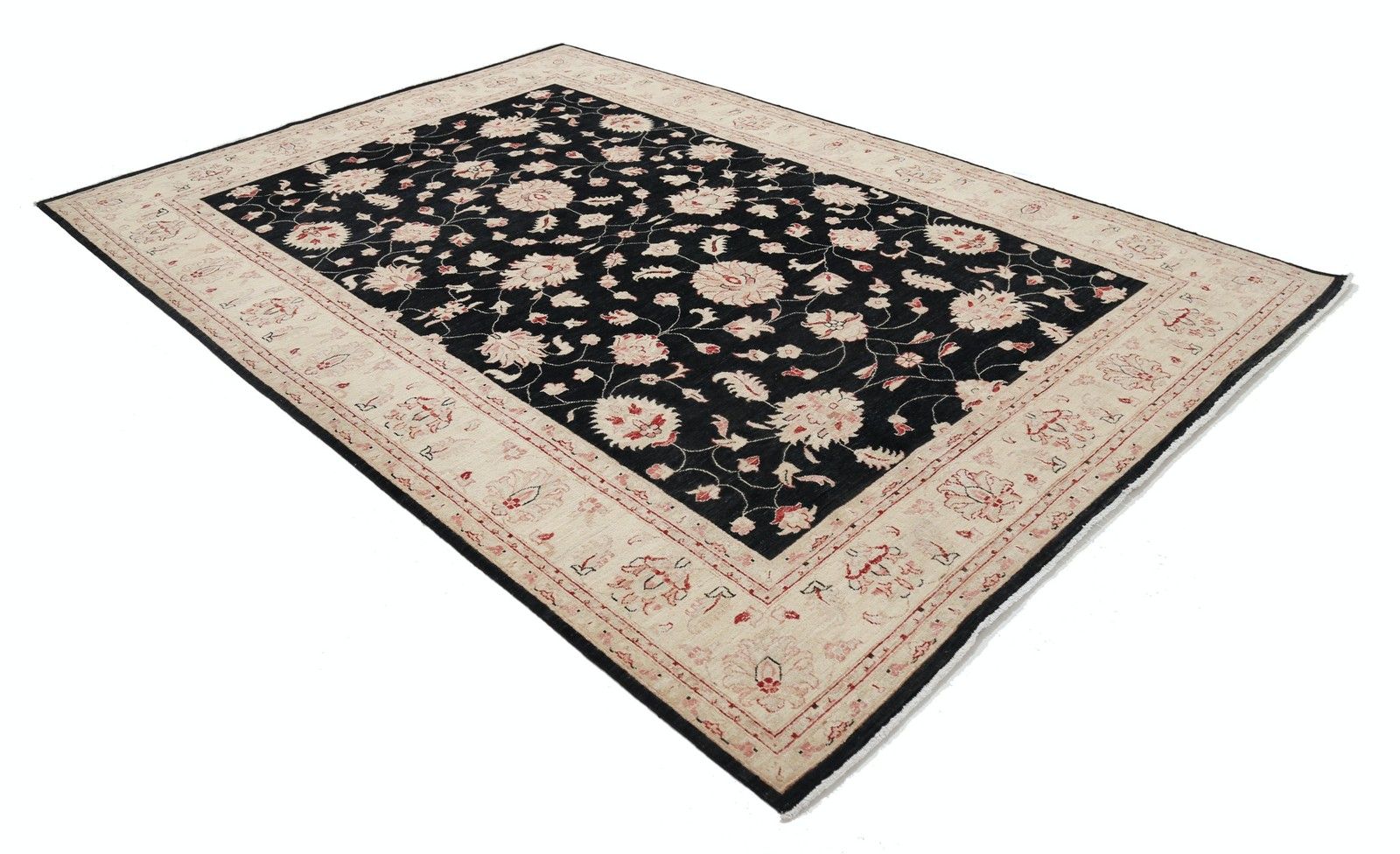 6.8x9.7 Ft Hand Knotted Floral Large Area Rug With Black Field And Beige Border photo for sale