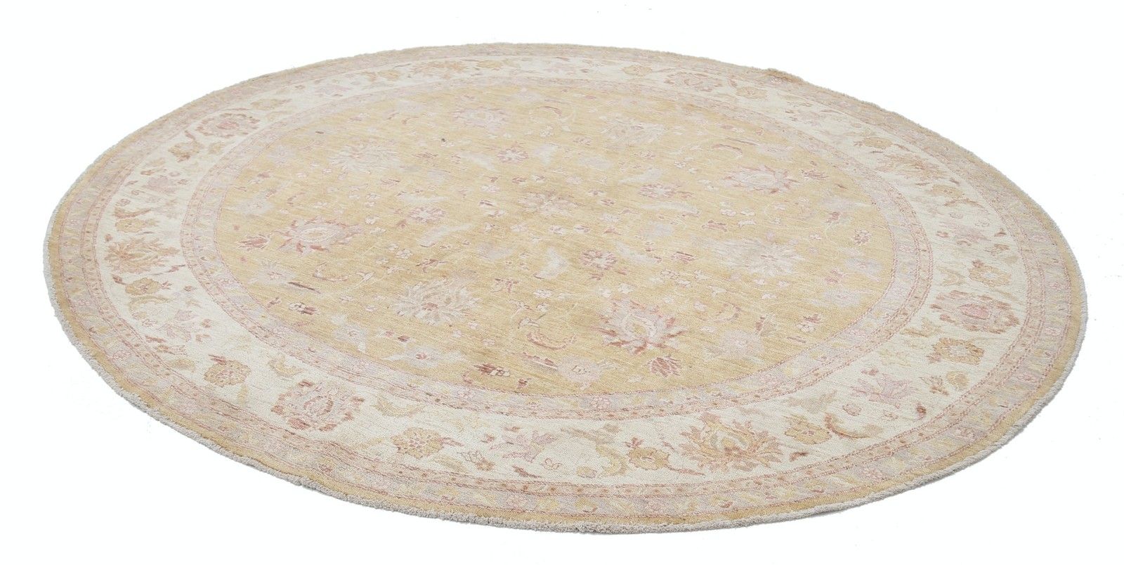 8x7 Ft Handgemaakte Beige, Goud, Roze Rond Vloerkleed. Traditioneel Bloemen Cirkelkleed photo furniture