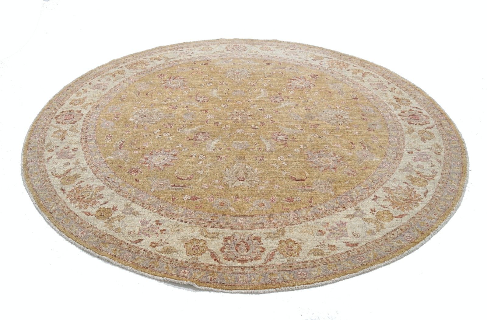 8x7 Ft Handgemaakte Beige, Goud, Roze Rond Vloerkleed. Traditioneel Bloemen Cirkelkleed photo Textiel
