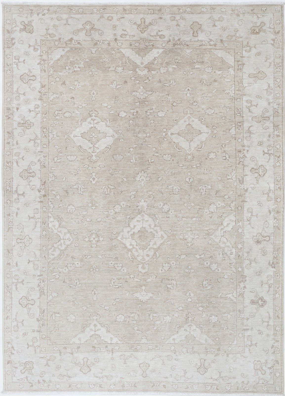 Tapis de sol turc noué à la main, motif floral, beige, 176 x 249 cm. 100 % laine