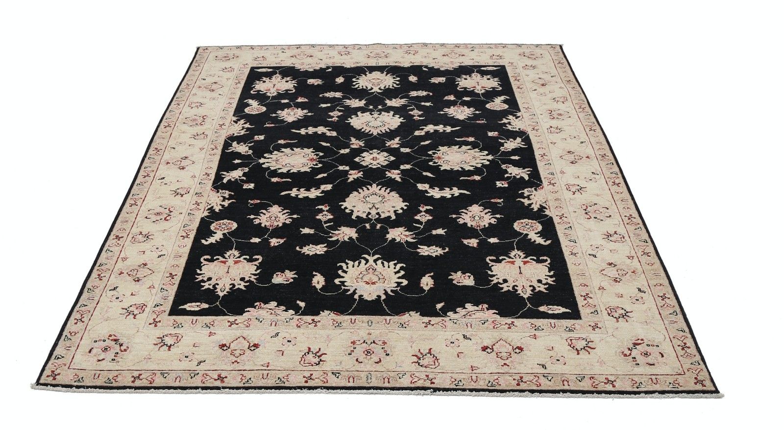 5.7x8 Ft Hand Knotted Floral Oushak Area Rug With Black Field And Beige Border photo furniture