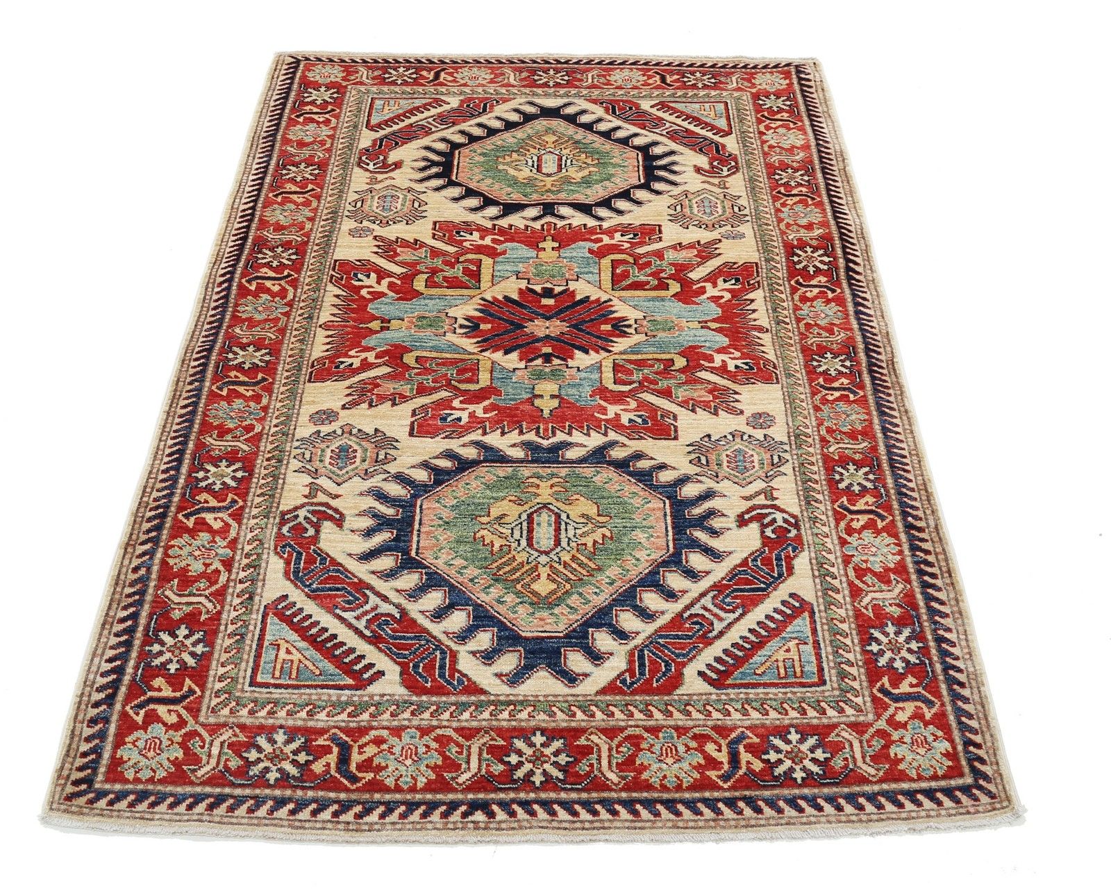 Tapis à poils noués main beige, rouge et bleu clair, 4,2 x 6 pi, motif médaillon photo Textiles