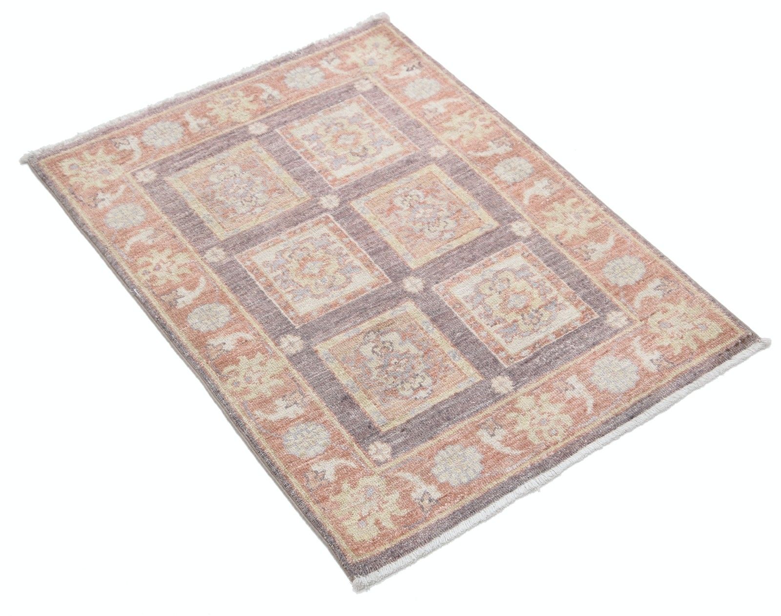 Tapis 67 x 91 cm noué à la main, rouille, brun et or, motif géométrique floral photo furniture