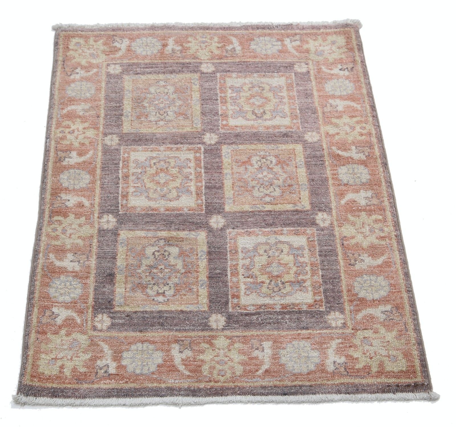 Tapis 67 x 91 cm noué à la main, rouille, brun et or, motif géométrique floral photo Textiles
