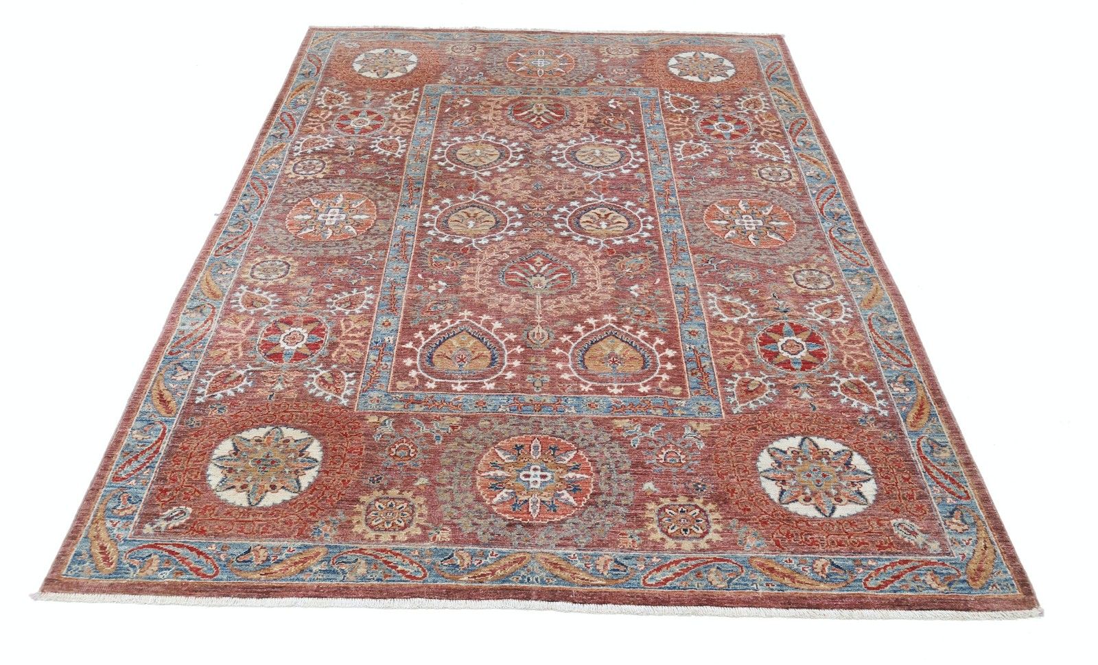 Tapis traditionnel fait main rouille, bleu clair et beige à motif floral, 1,71 x 2,32 m photo Textiles