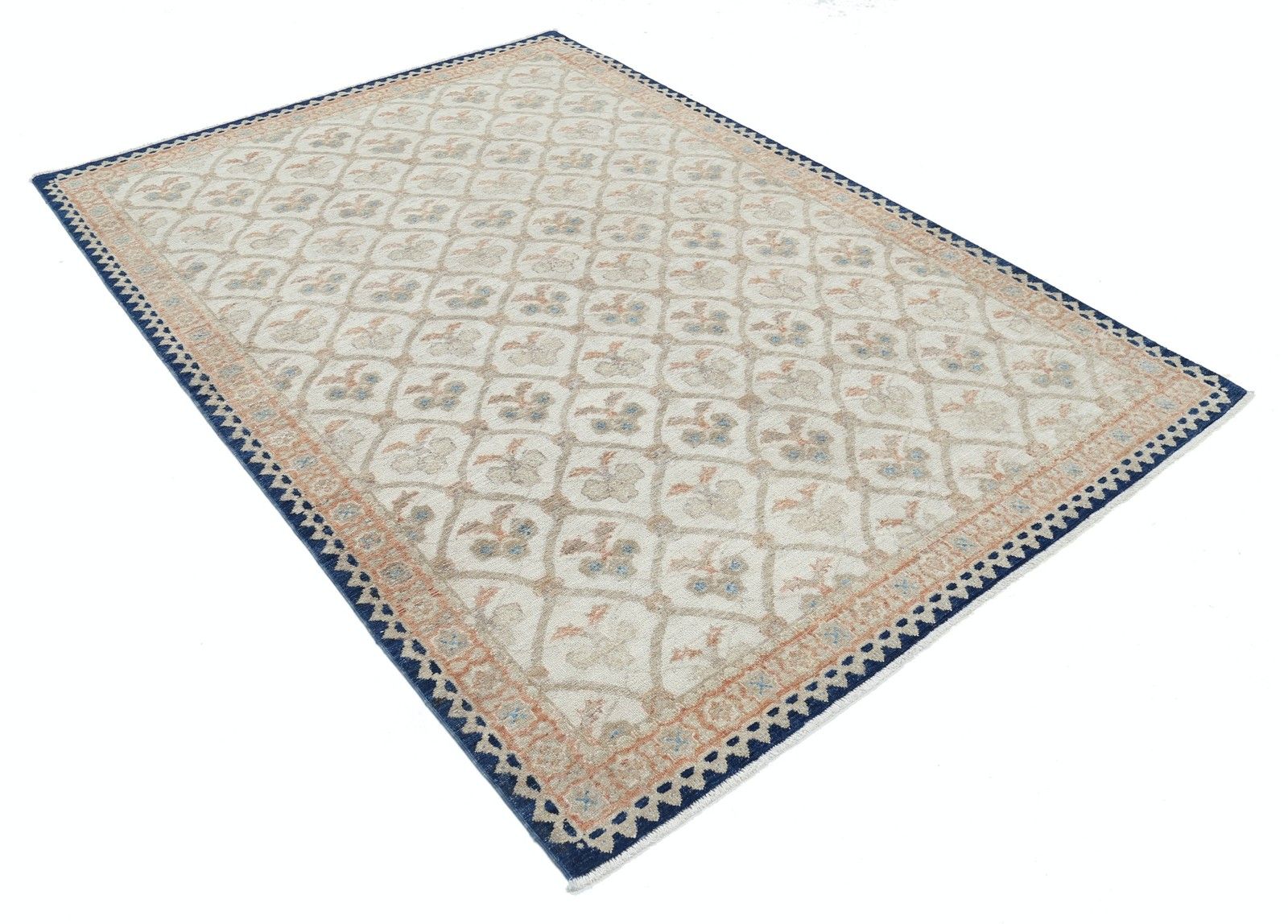 5.6x7.8 Ft Hand Knotted Beige And Blue Wool Rug With Geometric Floral Design photo furniture
