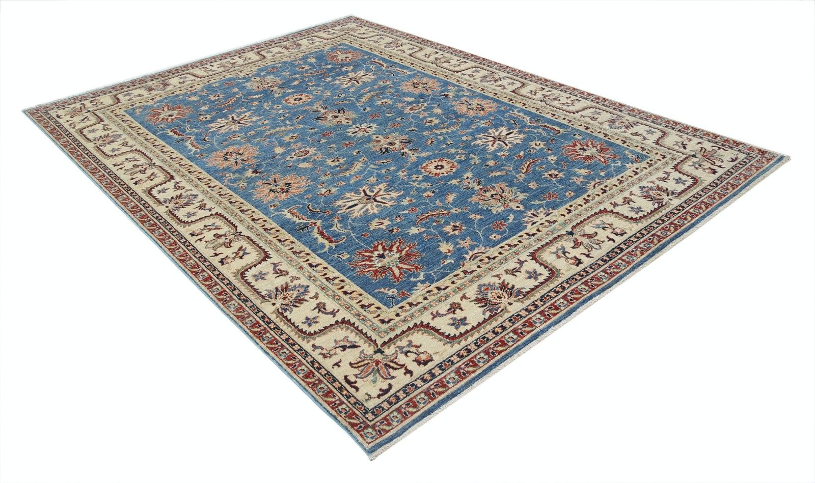 Tapis à motifs floraux noué à la main, champ bleu et bordure beige, 2,06 x 2,82 m photo furniture