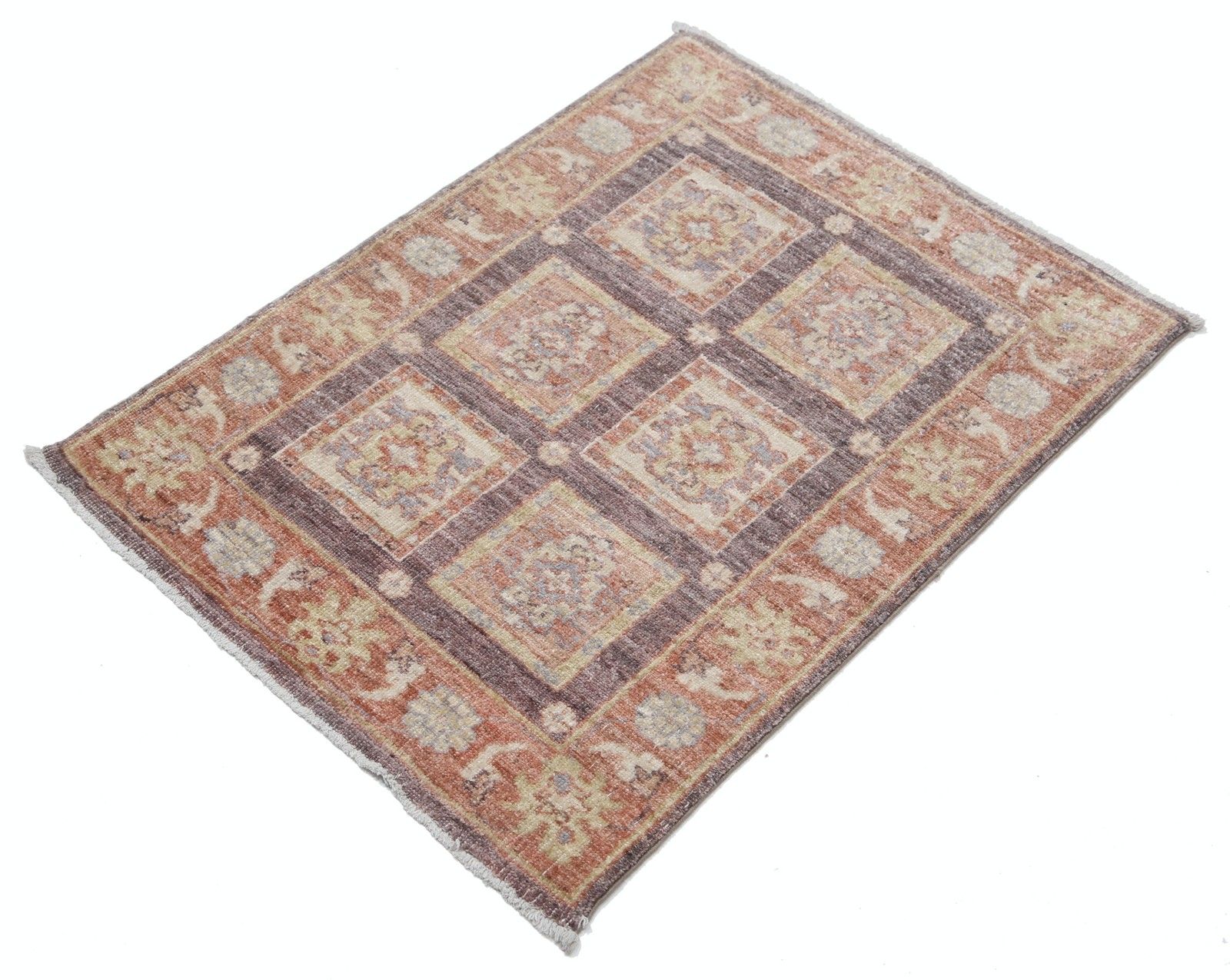 2.2x2.8 Ft Handmade Rust, Brown, Gold Rug. Geometric Floral Pattern Accent Rug photo for sale