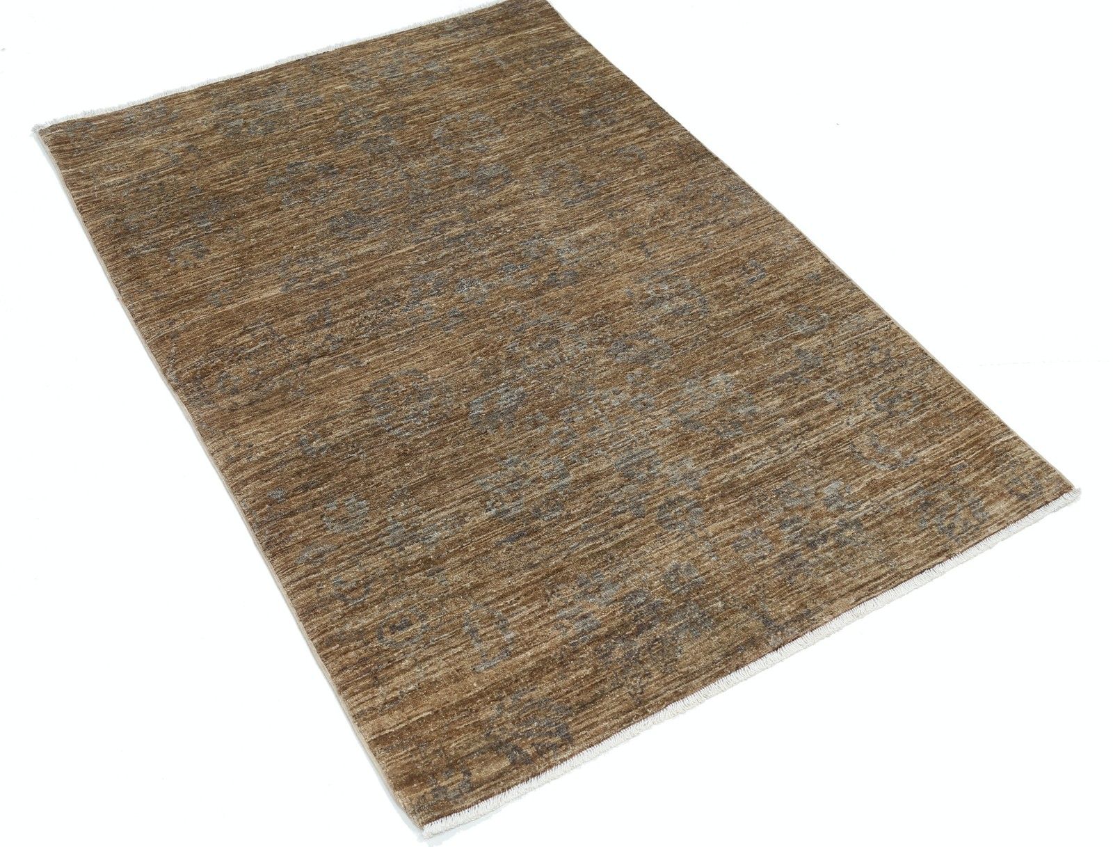 Tapis en laine turque noué à la main, motif floral neutre, 3,4 x 5 ft, brun photo furniture