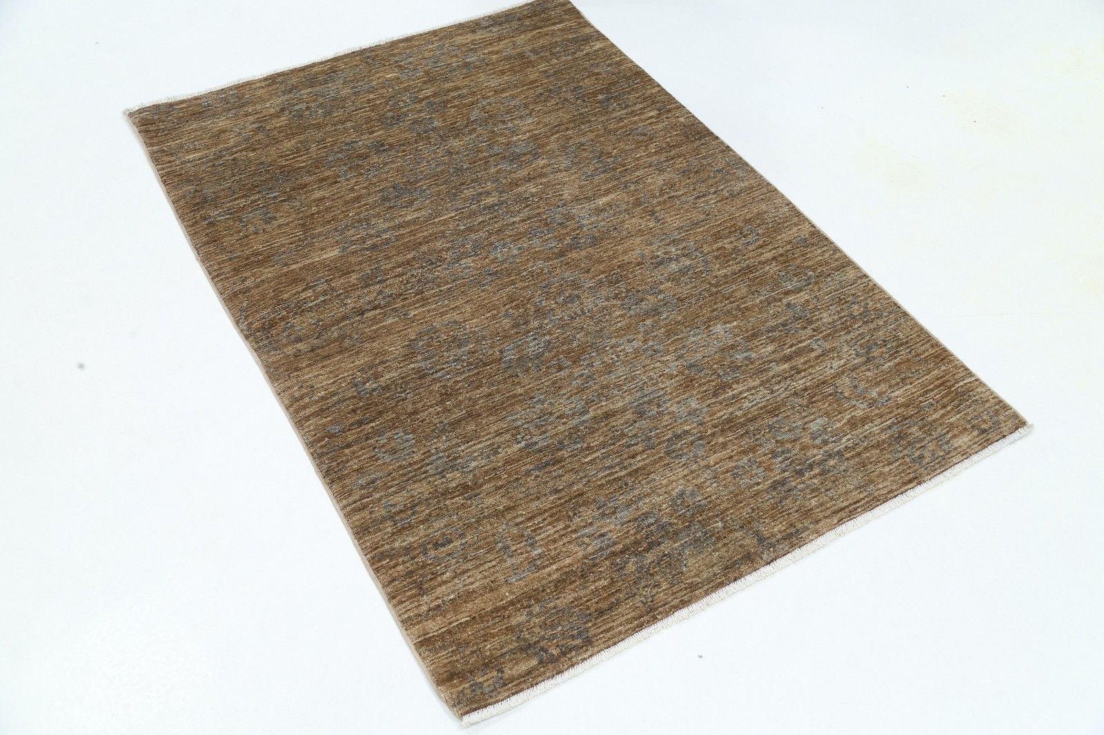 3,4x5 ft Handgeknoopt Bruin Turks Wollen Vloerkleed, Neutraal Bloemmotief Kleed photo vinterior