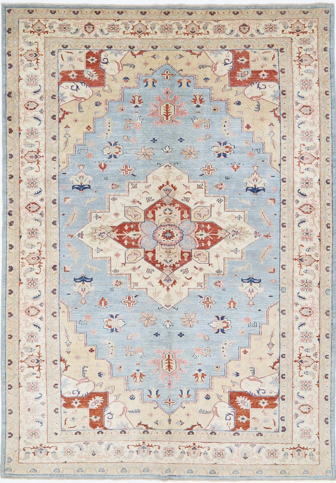 7x10.2 Ft Handknotted Light Blue, Ivory Large Area Rug. Turkish Geometric Carpet