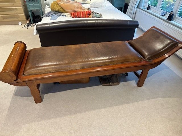 19th Century Brown Leather And Studded Hardwood Teak Chaise Long. Full Length And Very Substantial. A Beautiful Piece.