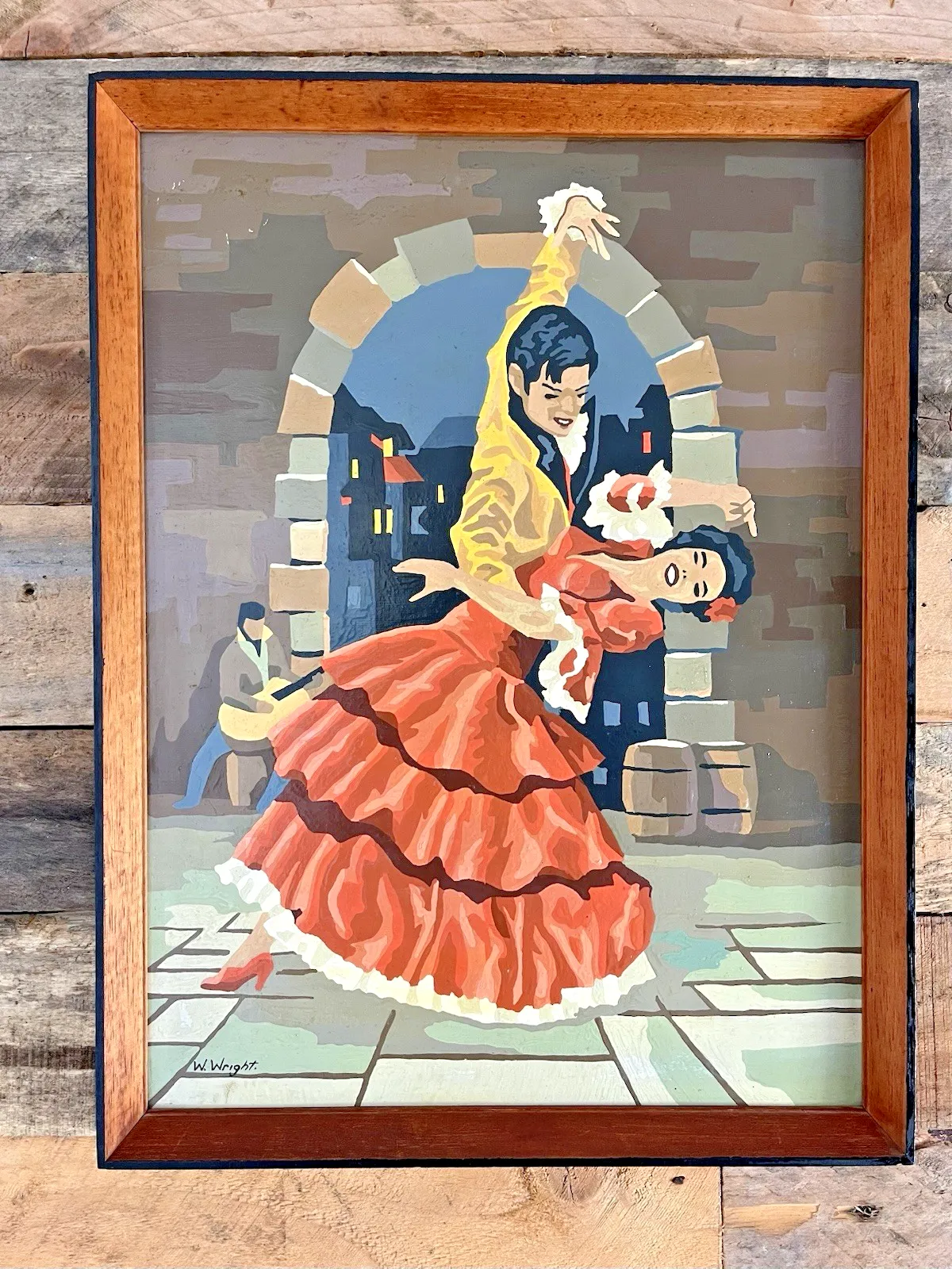 Original Vintage 1963 Spanish Flamenco Dancers Painting Mid Century Teak Frame photo furniture